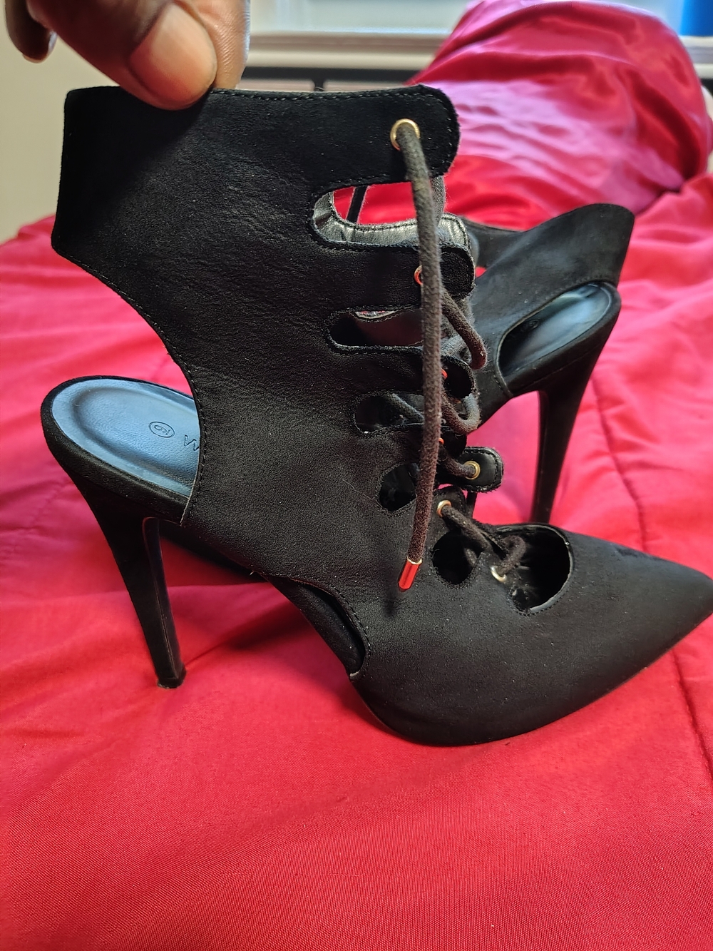 Women's Black Lace-Up Pointed Stiletto Heels